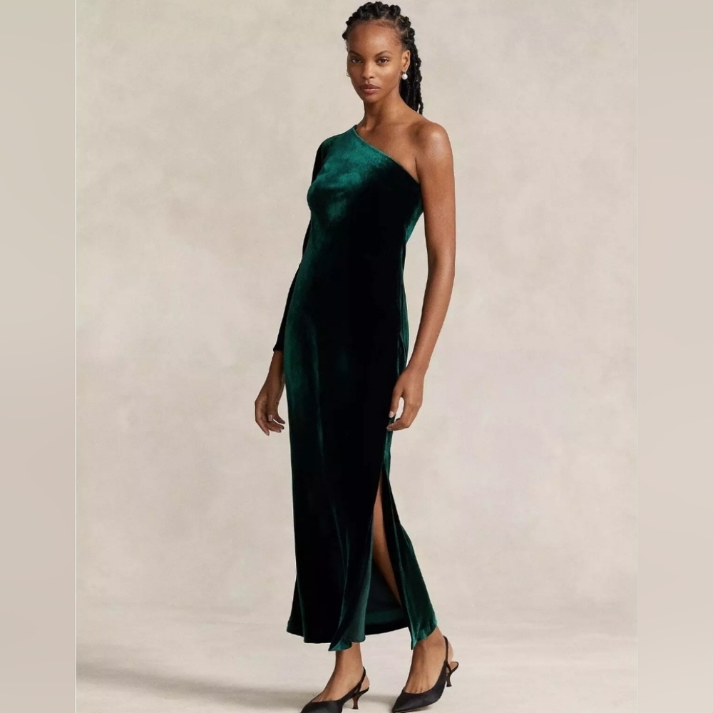 Womens Evening Party Dress Polo by Ralph Lauren Green Velvet One-Shoulder Sz 8